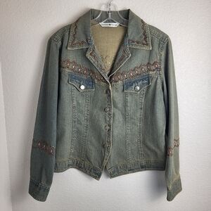 Gordan James Antiqued Embroidered Denim Jacket Women's Size Medium EUC